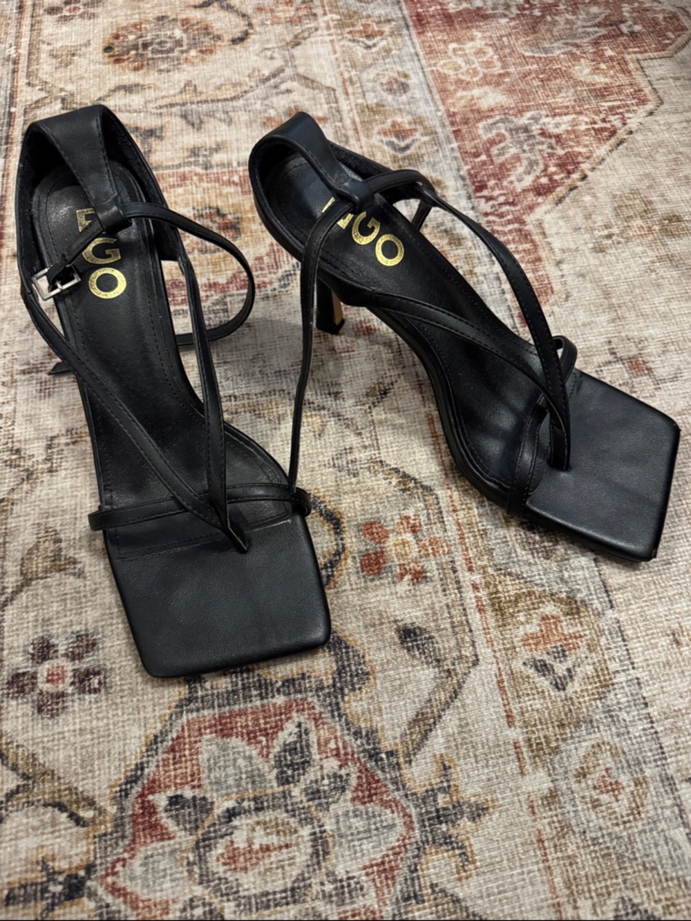 EGO Black Square-Toe Strappy Heeled Sandals